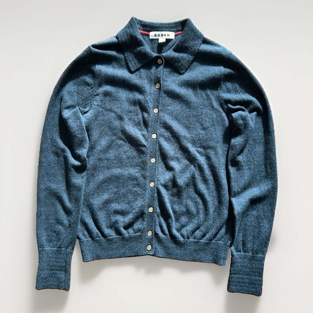 Boden Fine Knit Polo Collar Cardigan Sweater Women's Sm Boden Gray Dark Academia